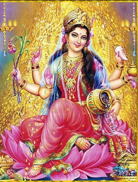 "Lakshmi is a Goddess of Fortune. Even though she is considered to be a Hindu Goddess, I personally think that she is a Universal Goddess. Anyone who chooses a spiritual focus for bringing more fortune and abundance into their lives can call upon her. She is the Goddess of wealth, prosperity, abundance, beauty and love. Lakshmi usually wears red saree and adorned with a gold jewelry. She is pictured sitting or standing on the lotus with gold coins pouring (To continue, click on the image) शुभ शुक्रवार, Maa Shakti, Divine Goddess, Lakshmi Images, Hindu Goddess, Indian Goddess, Kali Goddess, Lord Vishnu Wallpapers, Devi Durga