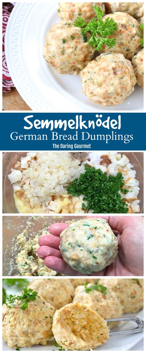 A specialty of southern Germany, drenched in gravy these famous SemmelKnödel (German Bread Dumplings) are pure heaven! German Bread Dumplings, Bread Dumplings Recipes, German Food Authentic, Bread Dumplings, German Bread, Octoberfest Food, Southern Germany, Austrian Recipes, Dumpling Recipe