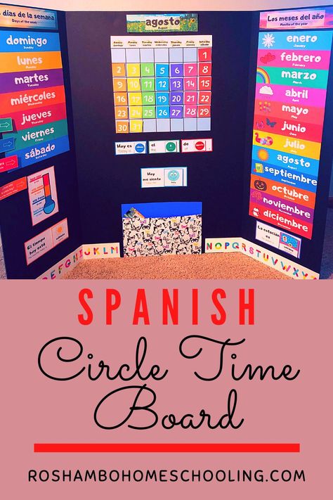 Printable Spanish and English homeschool calendar, days of the week, months of the year, emotions, weather, and temperature. Homeschool organization. Homeschool classroom. Homeschool set up. Teach Spanish. Back to school. Spanish Circle Time Ideas, Organization Homeschool, Homeschooling Elementary, Circle Time Board, Spanish Learning Activities, Homeschool Calendar, Preschool Spanish, Kids Routine, Spanish Classroom Activities