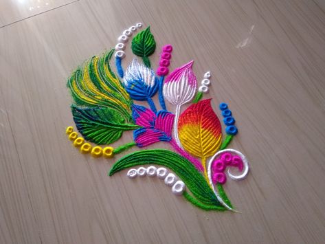 Rangoli Lifestyle Colour Full Rangoli Design, Rangoli Designs Colour, Holi Rangoli Design, Rangoli Beautiful, Flowers Rangoli, New Year Rangoli, Border Rangoli, Peacock Rangoli, Rangoli Side Designs