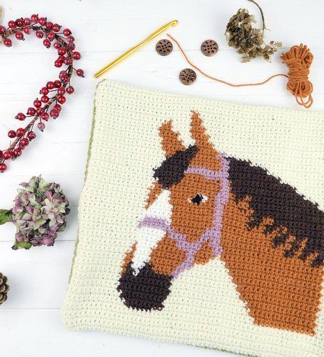 Horse Crochet Pattern, Crochet Farmhouse, Horse Crochet, Pattern For Crochet, Crochet Wall Art, Crochet Baby Gifts, Horse Pillow, Gifts Crochet, Crochet Cushion