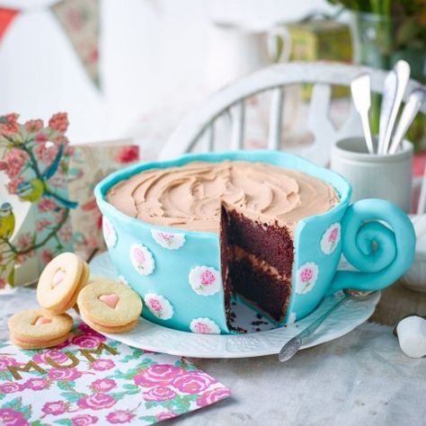 This cup of tea cake is adorable! With a rich, chocolate sponge and a chocolate buttercream icing it's not only indulgent but sure to impress all your guests. Chocolate Buttercream Icing, Teapot Cake, Chocolate Sponge, Tea Cake, Novelty Cakes, A Cup Of Tea, Occasion Cakes, Tea Cakes, Fancy Cakes