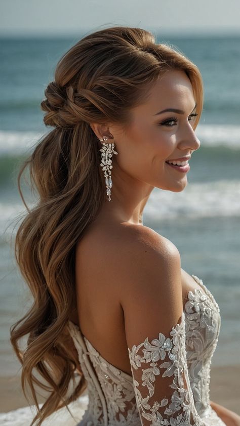 Discover stunning bridesmaid hairstyles for long hair in our latest blog post Whether you prefer a half up brunet simple half up half down simple side loose curls updo curls half up half down wedding easy boho or half up half down braid style we have the perfect inspiration for your special day Achieve that elegant look effortlessly with these beautiful hair ideas Beach Bridal Hairstyles, Boho Wedding Hairstyles For Long Hair, Loose Curls Half Up Half Down, Wedding Hair Down With Braid, Bridal Hair Side Part, Wedding Half Up, Wedding Hairstyles For Bride Half Up, Half Up Half Down Hair Bride, Wedding Loose Curls