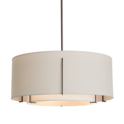 The double shade design of this large pendant delivers the sleek, clean and minimalistic elegance the Exos collection is known for. Concentric drum shades are cradled by hand-forged steel bars. Finish: Opaque Black, Shade Color: Natural Anna/Flax, Size: 12" H x 28" W x 28" D | Hubbardton Forge Exos 3 - Light Unique/Statement Drum Chandelier Metal in Black, Size 12" H x 28" W x 28" D | Wayfair Linen Outer, Shade Design, Hubbardton Forge, 3 Light Chandelier, White Chandelier, Drum Chandelier, Drum Pendant, Black Shade, Forged Steel