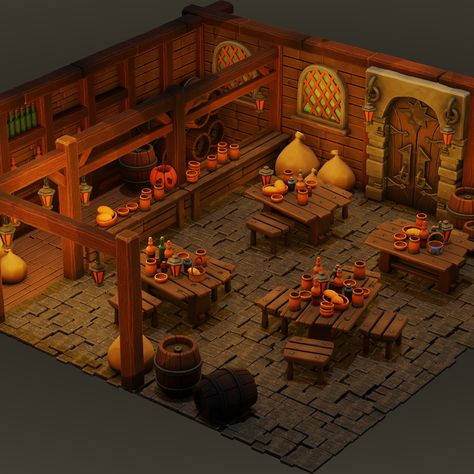 Tavern Concept Art, Wizard Workshop, Tavern Ideas, Sketchup House, Fantasy Tavern, Blender Model, Tavern Scene, Castle Rooms, Medieval Market