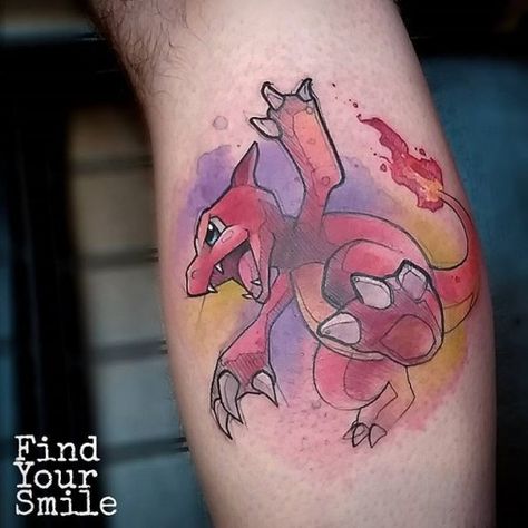 Charmelion Pokemon tattoo Marowak Tattoo, Charizard Tattoo, Entei Pokemon, Watercolor Tattoo Artists, Pokemon Tattoos, Video Game Tattoos, Zelda Tattoo, Club Tattoo, Geek Tattoo