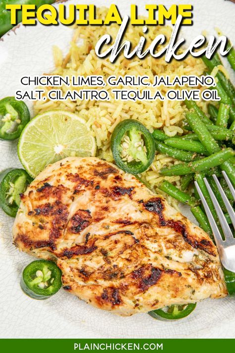 Tequila Lime Chicken Recipe - Tender chicken breasts marinated in a zesty blend of fresh lime juice, jalapenos, garlic, cilantro, tequila, and olive oil. Grilled to perfection, this dish captures all the vibrant flavors of a classic margarita in every succulent bite. Chicken Margarita Recipe, Tequila Lime Chicken Recipe, Tequila Chicken, Plain Chicken Recipe, Lime Chicken Breast, Garlic Lime Chicken, Lime Marinade For Chicken, Bird Recipes, Tequila Lime Chicken