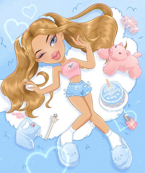 comfy | comfy vibes only ☁️ did a little illustration to celebrate my 26th today! 🩵 thank you so much for the overwhelming support for my art and… | Instagram Bratz Characters, Girly Graphics, Comfy Vibes, Bratz Doll Outfits, Disney Paintings, Bratz Girls, Doll Aesthetic, Ipad Drawings, Cartoon Profile Pictures