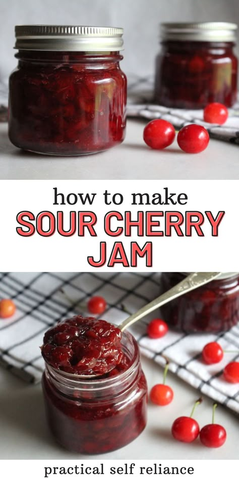 3 Ingredient Sour Cherry Jam No Pectin: Easy No Pectin Jam Recipe - Learn exactly how to make this sour cherry jam recipe without pectin! Preserving cherries is easy with this sour cherry jam no pectin recipe! homemade jam recipes | summer fruit jam | sour cherries recipes Sour Cherry Jam Recipe, Cherry Jam Recipe, Sour Cherry Recipes, Cherry Jam Recipes, Sour Cherry Jam, Cherry Preserves, Sour Cherries, Tart Cherries, Freezer Jam