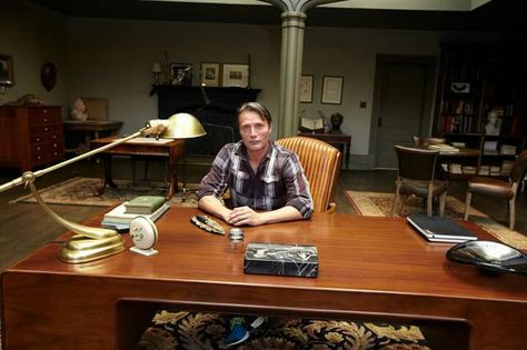 Mads Mikkelsen at Hannibal's desk! Hannibal Office, Hannibal Art, Hannibal Tv Show, Hannibal Funny, Writers Desk, Bryan Fuller, Wolf Of Wall Street, Happy 50th Birthday, Hugh Dancy