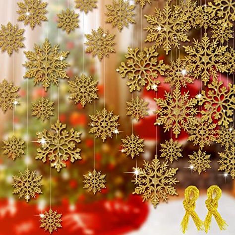 Wonderland Party Decorations, Christmas Snowflakes Decorations, White Christmas Ornaments, Winter Decorations, Christmas Glitter, Hanging Christmas Tree, Winter Wonderland Christmas, Gold Snowflake, Snowflake Decorations