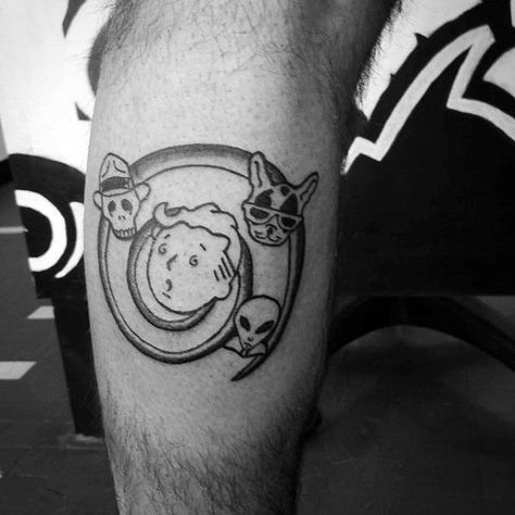 Leg Calf Spiral Fallout Tattoos Guys Fallout 4 Tattoos, Mashup Tattoo, Fallout Tattoo, Vegas Tattoo, Gamer Tattoos, Nuclear Winter, Geek Tattoo, Fallout Art, 4 Tattoo