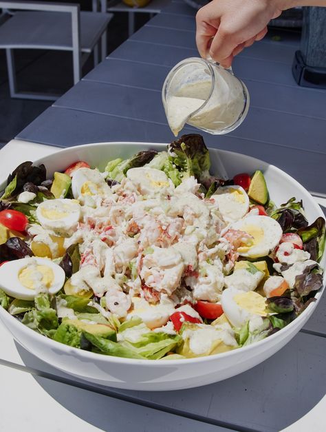 Duryea's Lobster Cobb Salad Recipe (Pescetarian version) Pappadeaux Seafood Cobb Salad, Crab Cobb Salad, Lobster Salad Recipes, Salad With Seafood, Lobster Cobb Salad, Cobb Salad Dressing, Pappadeaux Seafood, Seafood Salads, Steamed Lobster