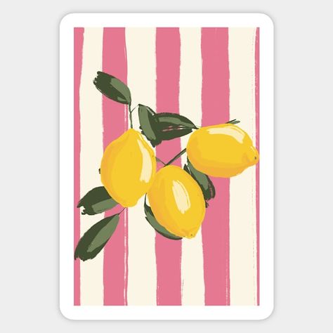 Lemon on pink stripes - Lemon Pattern - Sticker | TeePublic Pink Striped Walls, Lemon Artwork, Lemon Painting, Lemon Pattern, Flower Shapes, Vintage Style Art, Dorm Posters, Lemon Patterns, Stickers Redbubble