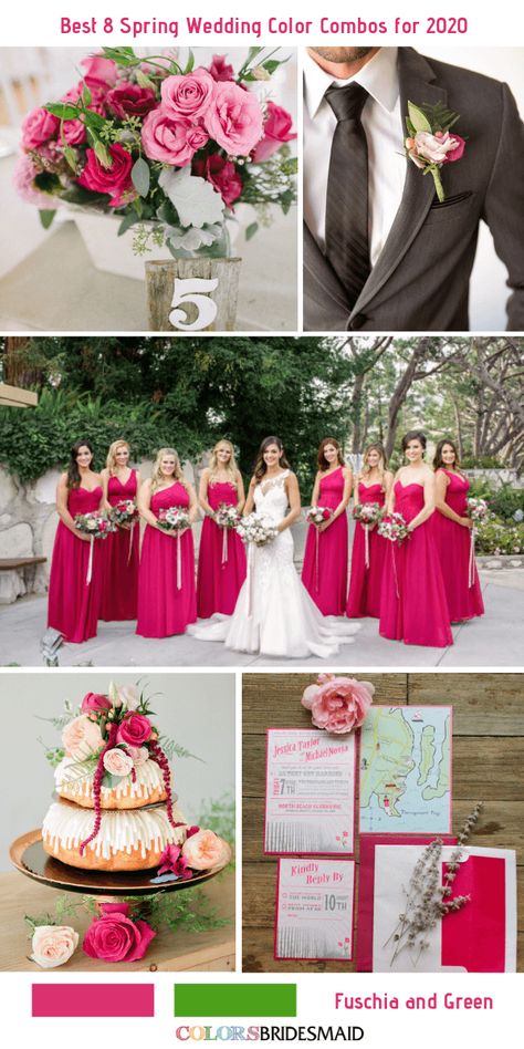 Best 8 Spring Wedding Color Combos for 2020- Fuschia + Green. #colsbm #weddings #weddingideas #bridesmaiddresses #springwedding #fuschiawedding b1428 Fuschia Bridesmaid Dresses, Fuschia Wedding, Raspberry Wedding, Spring Wedding Color Palette, Grey Lilac, Fuchsia Wedding, Hot Pink Weddings, Wedding Color Combos, Wedding Colour