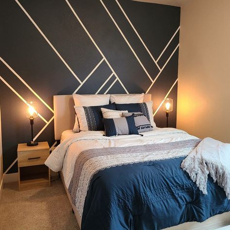 Simple accent wall using painters tape. Black Electrical Tape Accent Wall, Accent Wall Mens Bedroom, Accent Wall Paint Tape Ideas, Grey Bedroom Decor Accent Wall, Wall Paint With Tape Design, Masking Tape Accent Wall, Grey With Accent Wall, Accent Wall Tape Designs Bedroom, Tape Painting Ideas Wall Decor