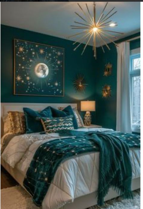 Space Theme Apartment, Emerald Green Home Decor Interior Design, Jewel Tone Guest Room, Deco Paint Bed Design, Colorful Modern Bedroom Ideas, Star Theme Bedroom, Celestial Bedroom Decor Diy, Bedroom Ideas Stars, Art Deco Maximalist Bedroom