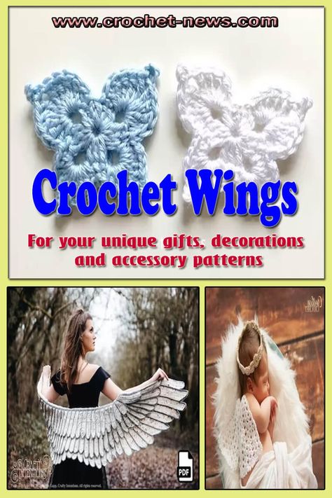 If you’re looking for that final touch to a Halloween outfit or something to complete your amigurumi dolls and toys with, these crochet wings patterns may come in handy! From butterfly and fairy wings you and your girl could wear, to adorable little pair of wings for your little doll, you can find one here. Crochet Wings Free Pattern, Wings Crochet, Crochet Angel Wings Pattern, Crochet Wing Pattern, Crochet Fairy Wings, Crocheted Wings Pattern, Angel Wings Crochet, Wings Tutorial, Crochet Hairband