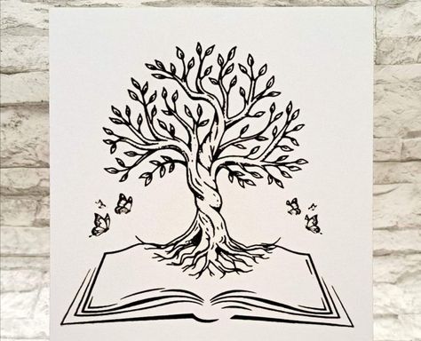 Book Tree Drawing, Reading Day Drawings, Reading Day Drawing Ideas, Open Book Drawing, Library Drawing, Nature Tattoo Ideas, Book Drawings, Cool Nature, Broken Book