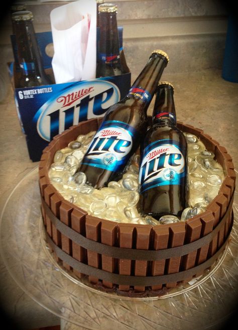 A cake I made for my Miller Lite drinking friend. I think she liked the Kit Kat touch. Booze Cakes, Man Cakes, Kitkat Cake, Wine Cake, Bottle Cake, Rainbow Birthday Cake, 21st Birthday Cakes, Beer Cake, Beer Birthday