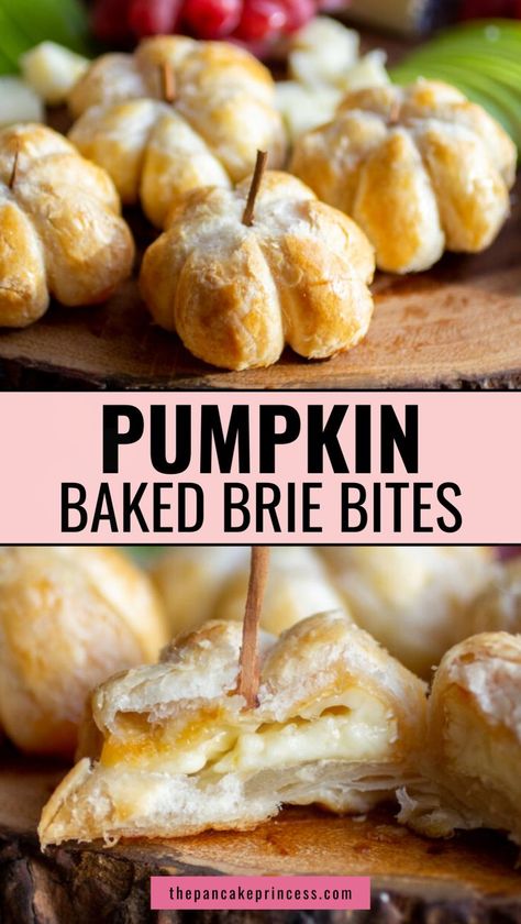 Baked brie shaped like pumpkins is a fun and delicious appetizer recipe to make for the holidays, a dinner party, or just because! These individual pumpkin-shaped baked brie bites are the perfect appetizers and the most adorable way to elevate any fall cheeseboard! Just add your favorite jam, apple butter or pumpkin butter. Baked brie bites made with puff + fluffy pastry, and served with a fall inspired fall cheeseboard with apples, grapes, crackers, and more. Make this holiday appetizer today! Brie Bites Appetizer, Pumpkin Baked Brie, Fluffy Pastry, Bake Brie, Baked Brie Bites, Pancake Princess, Individual Appetizers, Night Dinner Recipes, Quick Family Meals