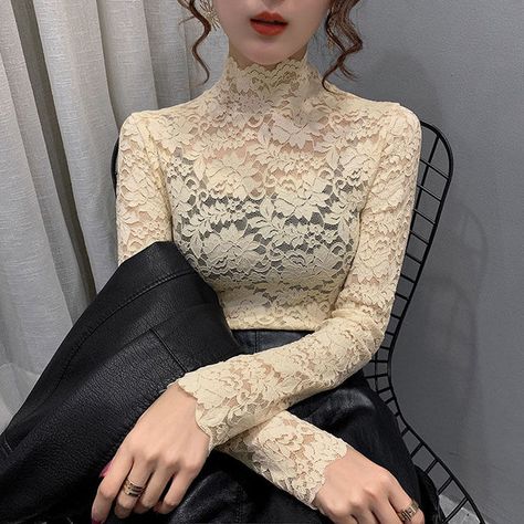 Women's Lace Turtleneck Grenadine Tight Lace Shirt Sexy Top Blusas Ropa De Mujer _ - AliExpress Mobile Faux Collar, Lace Turtleneck, Layer Shirt, Look Rose, Lace Layers, Trendy Blouses, Lace Decor, Mesh Long Sleeve, Solid Clothes