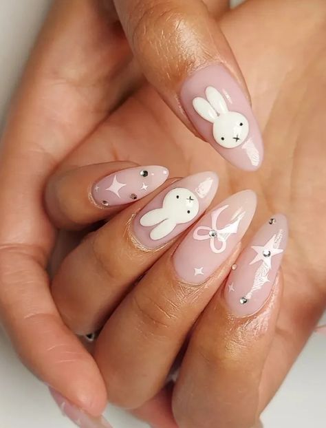 Sanrio Nails Almond Shape, White Rabbit Alice In Wonderland Nails, Miffy Nails Almond, White Rabbit Nails, Miffy Nail Design, Pikmin Nails, Baby Nails Design, Cute Birthday Nail Ideas, Simple Kawaii Nails