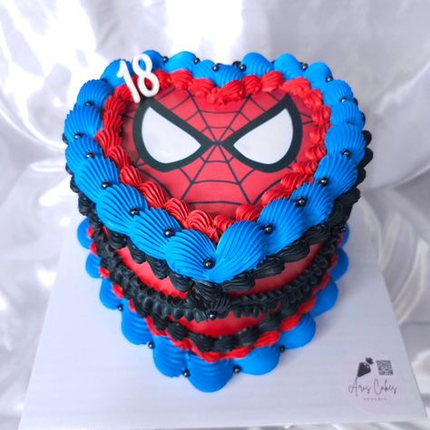 #Repost 📷 by @aris_cakes.phx: Spiderman vintage cake 🕸 @inkedibles #spiderman #spidermancake #vintagecake #heartcake #Chantilly #tendenciacake #madewithlove #superherocake #Phoenix #madewithlove #phoenixbakery Heart Shaped Spiderman Cake, Spiderman Cake Heart, X Men Cake, Birthday Cakes For 16th Birthday, Kids Birthday Cakes For Boys, Spiderman Food, Pastel Spiderman, Spiderman Aesthetic, Birthday Cake For Boyfriend