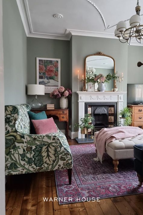 Farrow And Ball Living Room, Gleaming Primrose Mirror, Primrose Mirror, Cotswold Company, Victorian Living Room, Muted Palette, Period Property, Cosy Living Room, Farrow And Ball