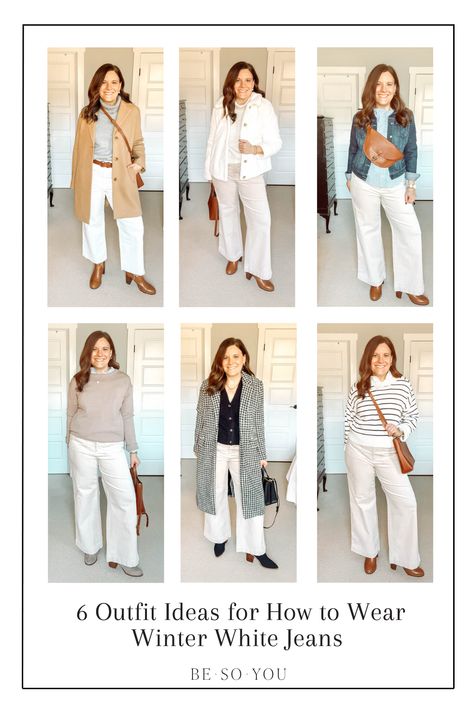 See all 14 outfit ideas for how to wear winter white jeans in colder months. See how to take your white jeans from warm weather into the cold season. Off White Pant Outfits, White Winter Pants Outfit, Off White Pants Outfit Winter, How To Wear White Dress In Winter, Off White Wide Leg Jeans Outfit, White Pant Winter Outfit, White Pants Autumn Outfit, Off White Jeans Outfit Winter, White Pants Fall Outfit Work