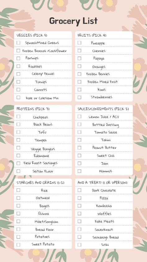 My 54321Vegan Grocery List. Sushi means the veggie rolls, and pizza refers to the Daiya ones, or another one with vegan cheese    Healthy aesthetic grocery list for that girl pink pilates princess balletcore wfpb Model Grocery List, Healthy Girl Grocery List, That Girl Grocery List, Grocery List Aesthetic, Aesthetic Grocery List, Groceries Aesthetic, Grocery Aesthetic, Aesthetic Grocery, Cheap Grocery List