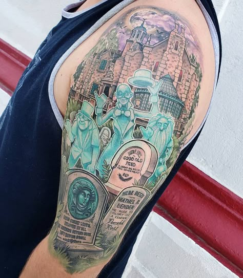 Halloween Sleeve Tattoo, Tattoo Sleeve Themes, Mansion Tattoo, Haunted Mansion Tattoo, Halloween Sleeve, Cute Halloween Tattoos, Halloween Tattoos Sleeve, Disney Sleeve Tattoos, Hp Tattoo