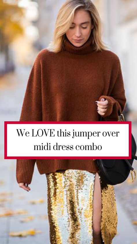 The best jumper and dress combos to shop now Jumpers Over Dresses Outfit, Jumper Over Dress Outfit, Jumper Over Dress, Long Satin Skirt, Loose Jumper, Brown Jumper, Knitted Jumper Dress, Long Slip Dress, Jumper Outfit