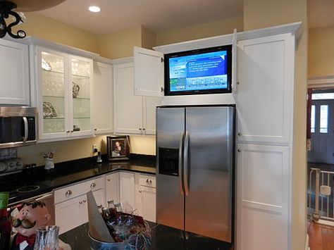 Tv Wall Shelves, Hide Tv, Tv Placement, White Granite Countertops, Tv In Kitchen, Basement Kitchen, Farmhouse Kitchen Design, Basement Decor, Kitchen Remodeling Projects