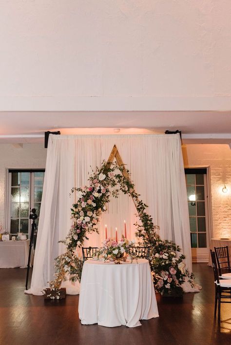 Triangle Arch Behind Sweetheart Table, Triangle Arch Backdrop, Triangle Arch Wedding Flowers, Triangle Arch Decor, Triangle Arch Flowers, Sweetheart Table Arch, Triangle Arch Wedding, Wedding Table Backdrop Ideas, Triangle Backdrop