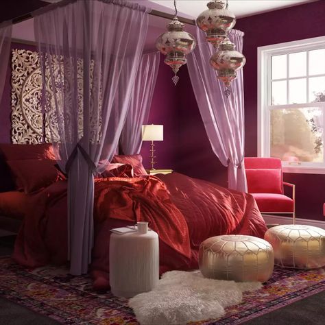 A Bohemian, Glam bedroom design created by Havenly interior designer Ghianella. Shop products, explore rooms, and even get started designing your own space with Havenly Online Interior Design. Magenta Boho Bedroom, Purple And Red Bedroom Ideas, 70s Glam Bedroom, Purple Red Bedroom, Moraccon Theme Bedroom, Purple And Red Bedroom, Red Purple Bedroom, Magenta Bedroom Ideas, Magenta Bedroom