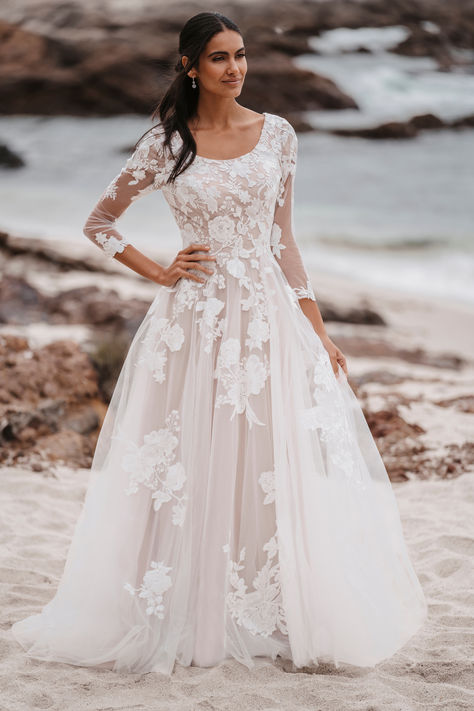 This lace long-sleeve wedding gown is perfect for the bride who desires a touch of vintage romance on her special day. #LongSleeveGown #LaceDress #VintageBride Princess Ballgown, Modest Bridal, School Dance Dresses, Modest Wedding Gowns, Sleeved Wedding, Dress Sleeves, Allure Bridals, Wedding Winter, Dress Tulle