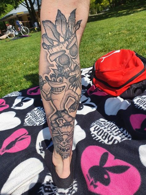 Ancient Viking Tattoos, Crash Bandicoot Tattoo, Drum Tattoo, Game Tattoo, Cartoon Tattoo Ideas, Warrior Tattoo Sleeve, Lizard Tattoo, Animated Shows, Nerdy Tattoos