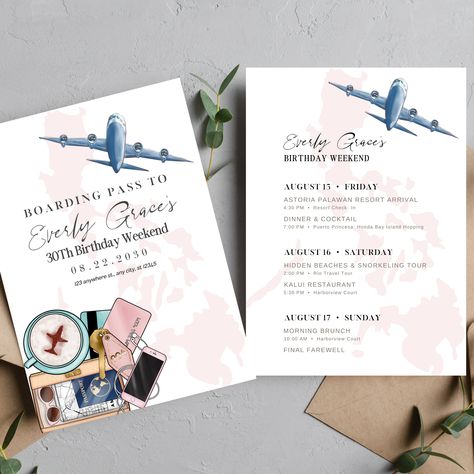 Birthday Trip Invitation Ideas, 30th Birthday Trip Ideas, Birthday Itinerary, Travel Invitation, 30th Birthday Themes, 60th Bday, 50th Bday, Romantic Ideas, Birthday Travel