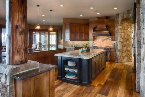 Rustic Kitchen with Painted Black Island - Crystal Cabinets Dark Island Wood Cabinets, Black Island With Wood Cabinets, Rustic Black Kitchen, Knotty Alder Kitchen Cabinets, Knotty Alder Kitchen, Contrasting Kitchen Island, Alder Kitchen Cabinets, Wet Kitchen, Crystal Cabinets