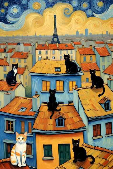 Cats of Paris. Rooftop cats #rooftopcats #catsofparis Modern Cat Art, Paris Cat, Cat Quilt Patterns, Illusion Drawings, Arte Folk, Paris Painting, Watercolor Paintings For Beginners, City Painting, Cartoon Character Pictures