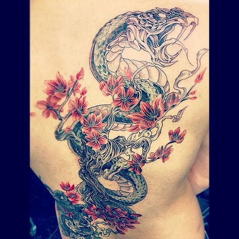 Tattoo With Snake, New Beginning Tattoo, Tattoos Arm, Flowers Tattoo, Snake Tattoo, Flower Tattoos, Watercolor Tattoo, Cherry Blossom, Tattoo Ideas