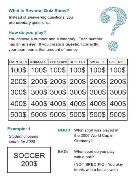 01 Reverse Quiz Show Esl Board Games, Jeopardy Questions, Jeopardy Game, Detective Game, Esl Games, Printable Board Games, Argumentative Writing, Esl Classroom, Esl Activities