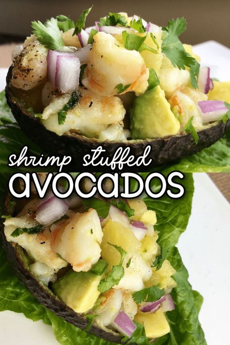 The best stuffed avocado recipe is finally here! These shrimp-stuffed avocados are packed with creamy avocado, sweet pineapple, succulent shrimp, and fresh onions and cilantro for a tasty flavor combination. Stuffed Shrimp Recipes, Shrimp Stuffed Avocado, Light Lunch Recipes, Avocado Appetizer, Stuffed Avocados, Shrimp Stuffed, Veggie Skillet, Stuffed Avocado, Spicy Shrimp Tacos