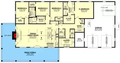 4-Bed Modern Farmhouse Barndominium Plan with Wraparound Porch - 2400 Sq Ft - 51972HZ | Architectural Designs - House Plans 4 Bed 3 Bath Barndominium, Farmhouse Plans 4 Bedroom, 60x40 Barndominium Floor Plans, 2000 Sq Ft House Plans, 4 Bedroom Barndominium Floor Plans, Rectangle House Plans, Modern Farmhouse Barndominium, Single Story Farmhouse, Classic Home Design