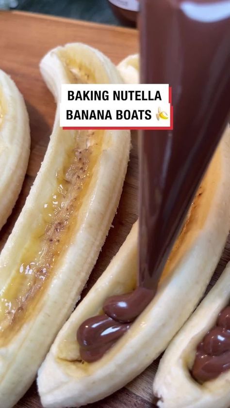 LADbible | How have I just found out about Nutella banana boats!? 😳🍌⁠ ⁠ 🎥: @sallted__caramell⁠ ⁠ -⁠ ⁠ #food #nutella #chocolate #banana | Instagram Banana Nutella Dessert Recipes, Nutella And Banana Wrap, Banana Nutella Dessert, Banana Boats In Oven, Nutella Banana Cake, Nutella And Banana Recipes, Nutella Banana Boats, Food Nutella, Nutella And Banana