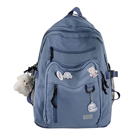 GAXOS Cute Aesthetic Backpack for School Middle Student Travel Blue Backpack Teens Girls Bear Pin Book Bags Big Backpacks For School, Preppy Backpack, High School Backpack, Cute School Bags, Women Backpack Fashion, Aesthetic Backpack, Back To School Fashion, Luggage Sizes, Laptop Rucksack