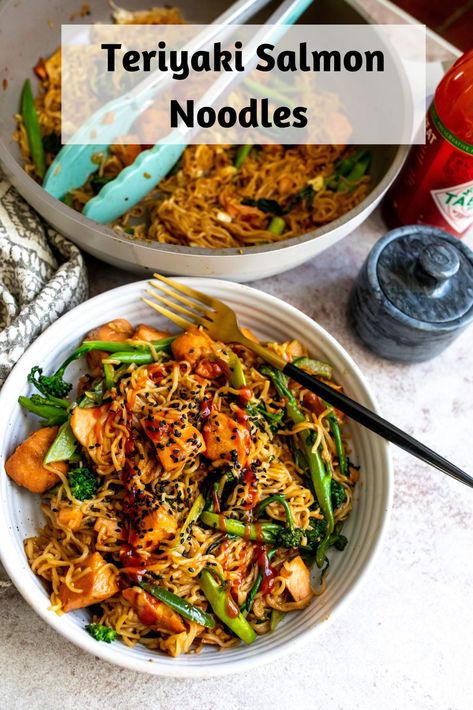 Teriyaki Salmon Noodles Teriyaki Salmon With Noodles, Asian Salmon Pasta, Teriyaki Salmon Soba Noodles, Teriyaki Salmon Noodle Bowl, Salmon Noodle Stir Fry, Salmon With Rice Noodles, Salmon Udon Noodles, Salmon Ramen Noodles, General Tso Salmon