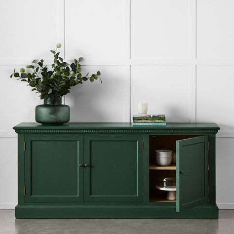 Green Painted Sideboard, Green Storage Cabinet, Cottage Conversion, Renovated Furniture, How To Decorate A Sideboard, Sideboard Decor Dining Room, Coloured Furniture, Green Sideboard, Provincial Home Living