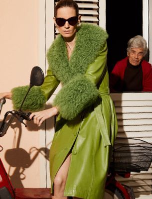 Selfridges London, Moschino Bag, Balmain Dress, Balenciaga Sunglasses, New And Improved, Shearling Coat, Apparel Design, Green Fashion, Clothing Company